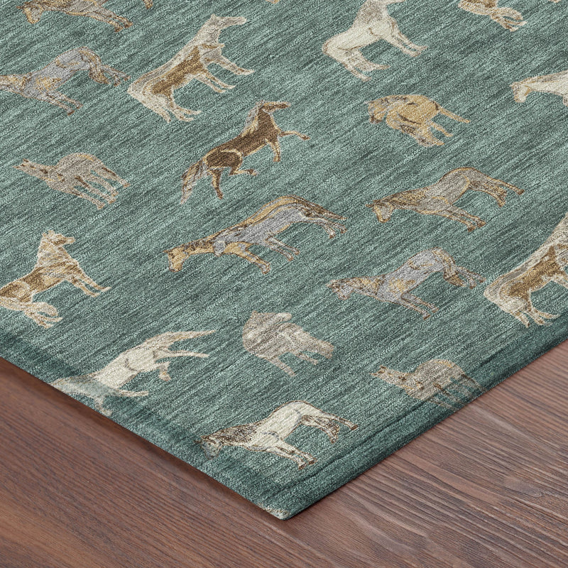 Teal green rug corner with beige horse motifs and textured weave