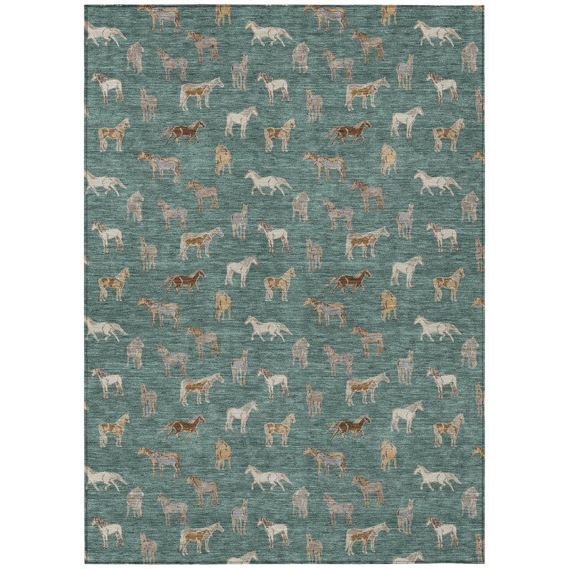 Teal green rectangular area rug with scattered beige horse pattern