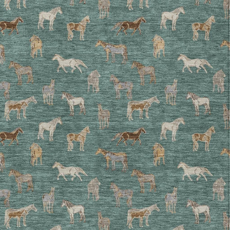 Teal green rug with repeating beige horse print, close-up fabric texture