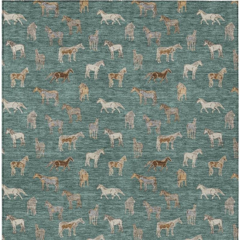 Teal green rug with dense beige horse motifs, full-frame pattern view