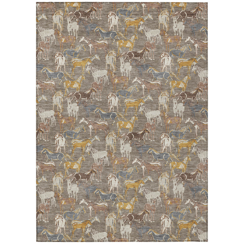 Full taupe and gray horse motif area rug with blue and gold accents, flat view