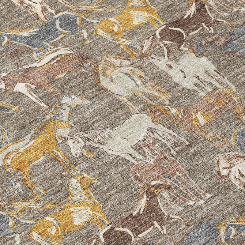 Close-up horse motif area rug in taupe and gray with blue and gold highlights.
