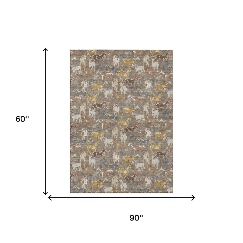 Rectangular horse-print area rug, taupe and gray; 90 in x 60 in.