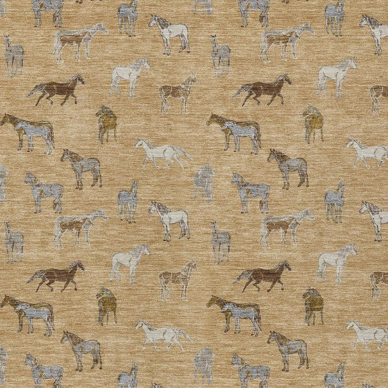 Gold and beige rug close-up with gray and brown horse silhouettes