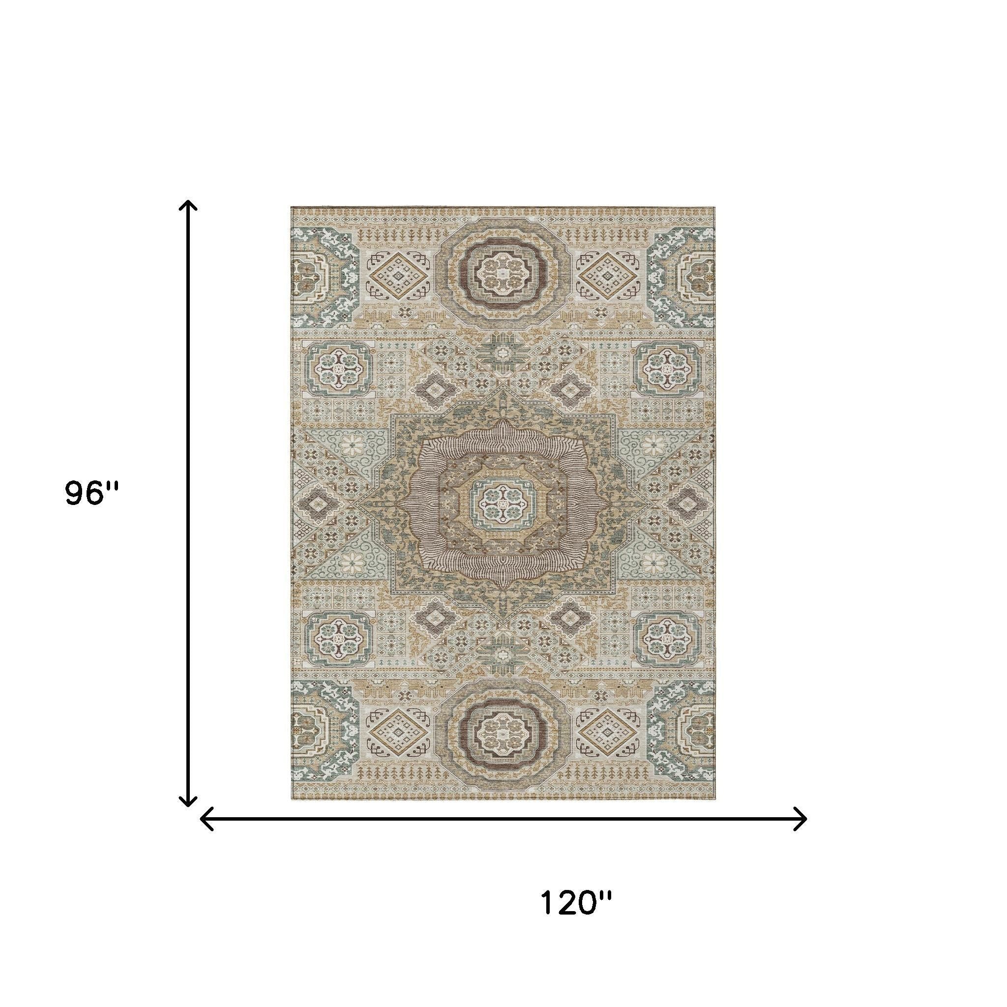 8' X 10' Beige And Ivory Oriental Washable Indoor Outdoor Area Rug - Sports & Outdoor