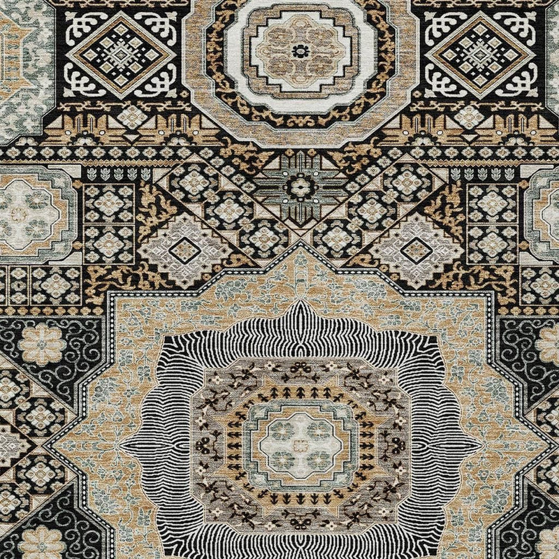 Close-up oriental rug center medallion with black lattice and light blue accents