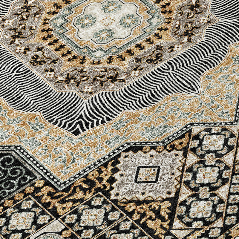 Rug corner detail with black zigzag outlines, ivory floral shapes, and light blue center