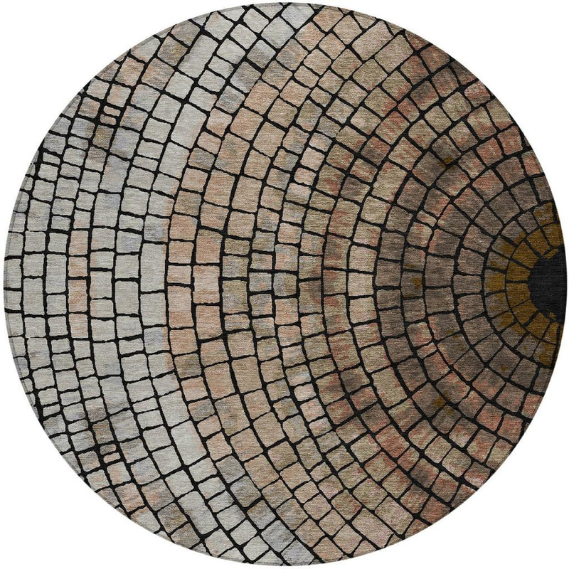 Round geometric area rug with concentric brick pattern in beige, taupe, and dark gray