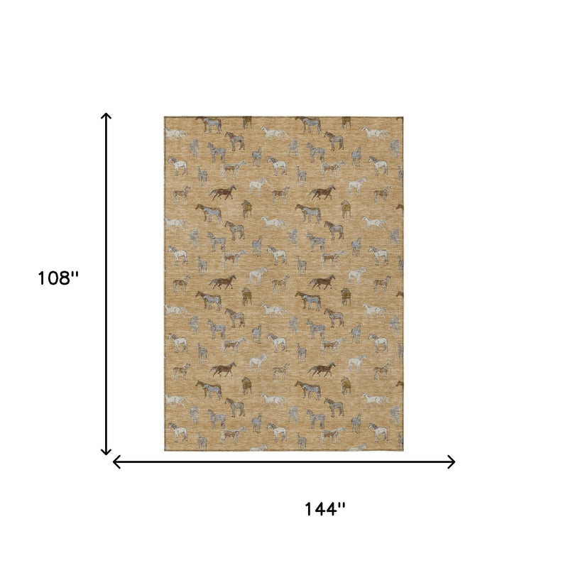 Beige gold horse-print area rug, 9 ft by 12 ft, with blue and gray animals
