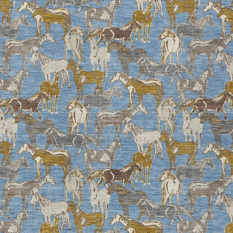 Indoor outdoor area rug fabric texture with scattered beige, gold, and blue horse figures