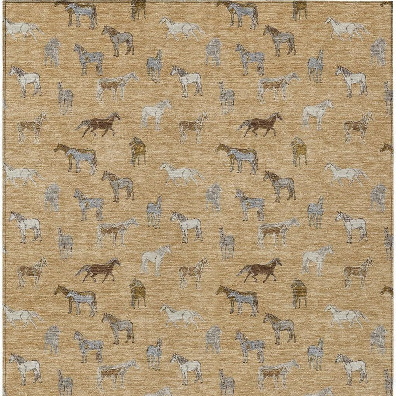 Beige gold rectangular horse-print area rug with blue and gray animal pattern