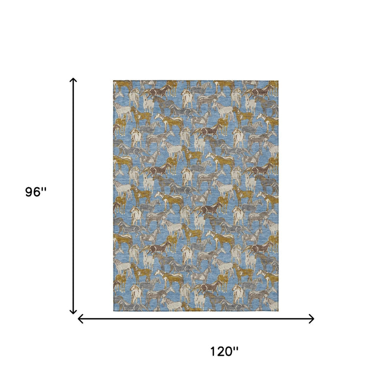 Blue and beige horse indoor outdoor area rug size diagram: 120" x 96"