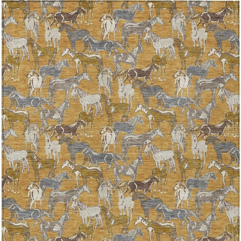 Horse-themed area rug in gold, beige, and gray with cream animal silhouettes