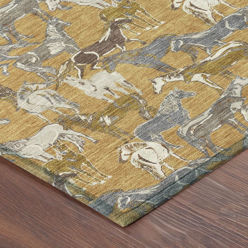 Corner view of woven horse print area rug in gold, beige, gray, and cream