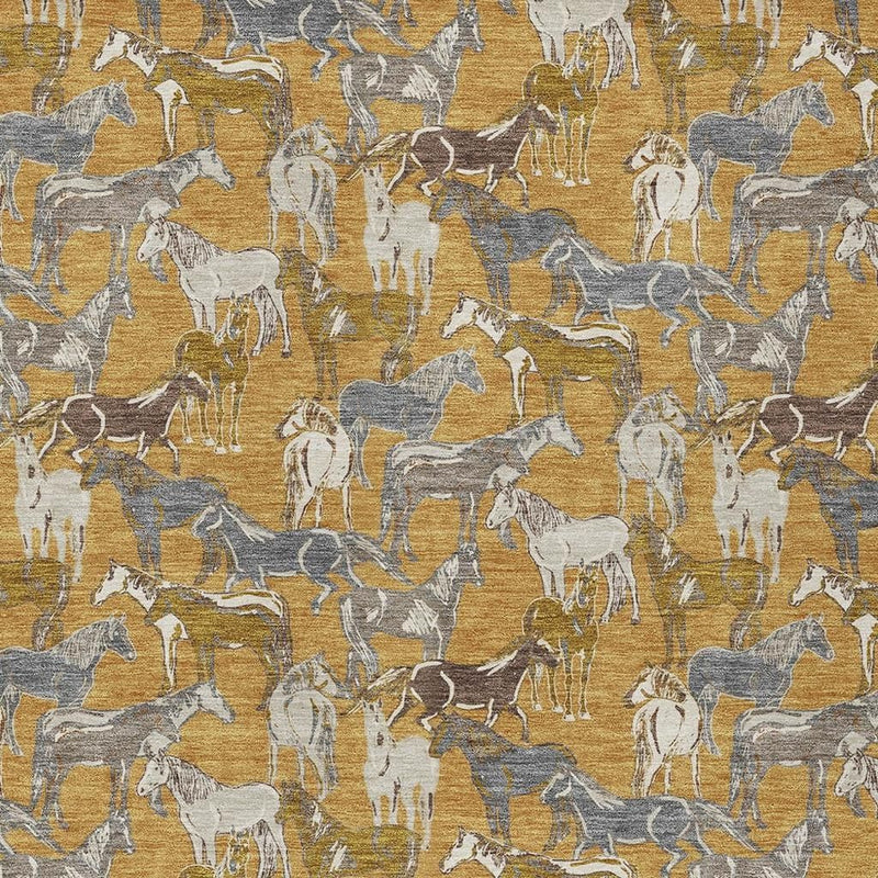 Patterned horse area rug in warm gold-beige with gray and cream motifs