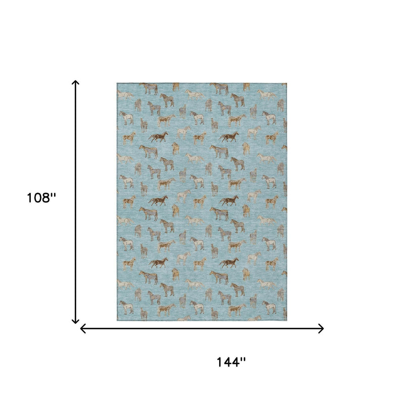 Blue rug with beige horse pattern, size 144" x 108" (dimensions shown).