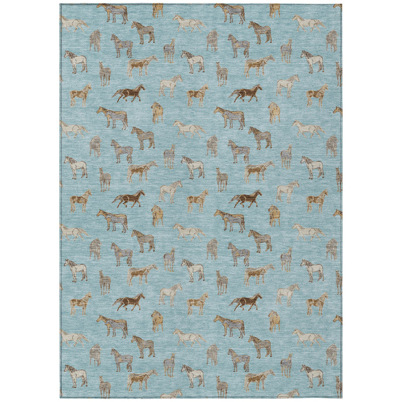 Blue area rug featuring scattered beige horses on light blue background.