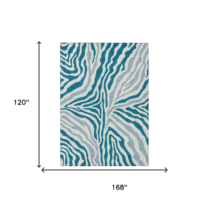 Teal blue and ivory zebra print washable area rug, 10 x 14 ft dimensions shown