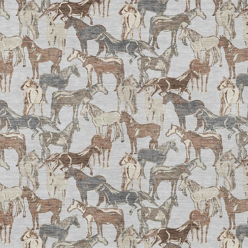 Horse motif area rug with mixed gray, brown, and tan outlines on light base