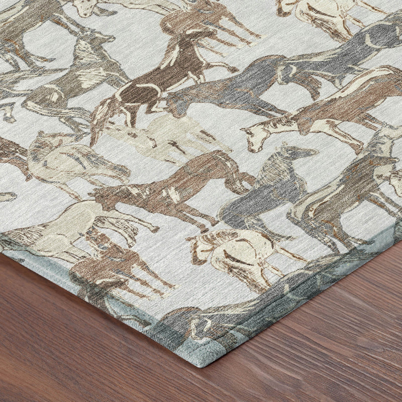 Horse-printed area rug corner in silver gray and brown on light background