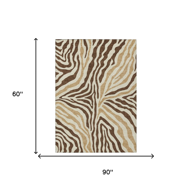 Rectangular zebra print area rug, brown and beige wavy stripe pattern