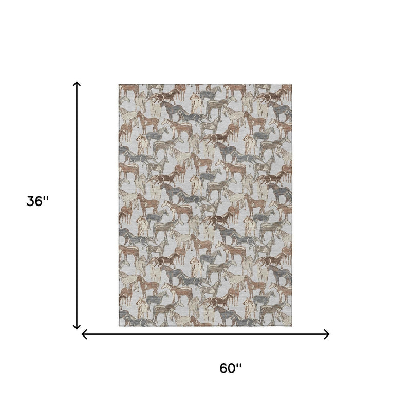 Horse pattern area rug shown with size markers: 60 in by 36 in