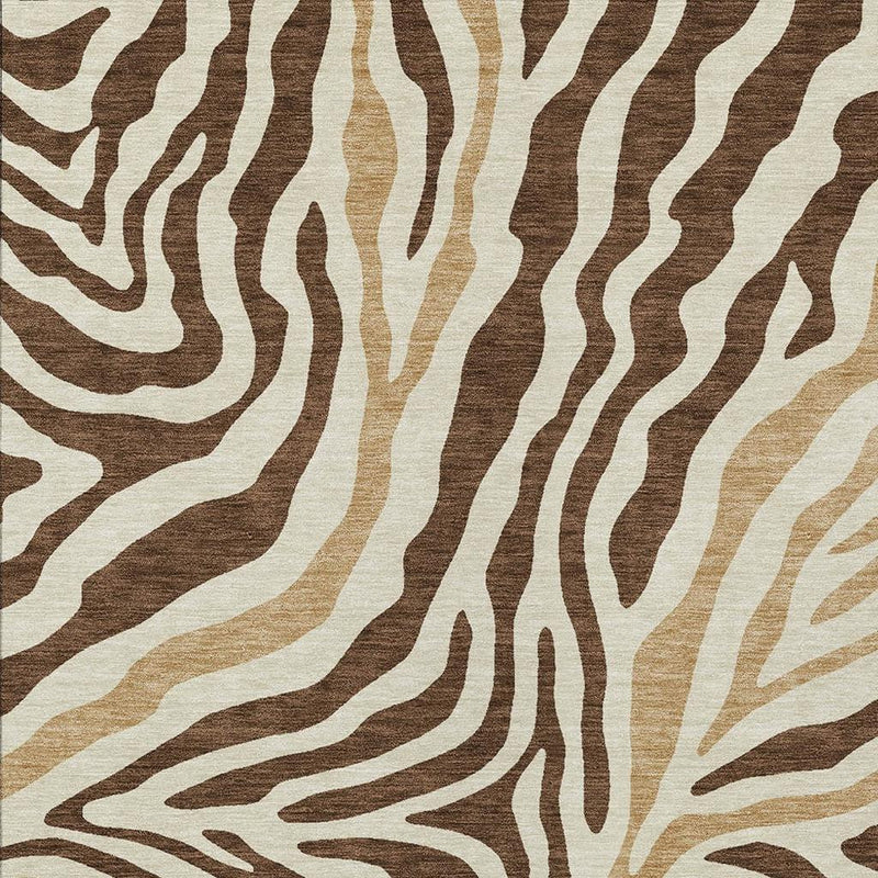 Zebra print rug surface with brown and cream wavy stripes on beige base