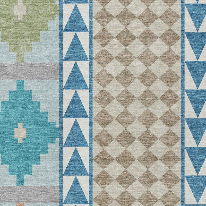 Area rug with teal, green, and blue cross medallions, ivory diamond section, and border
