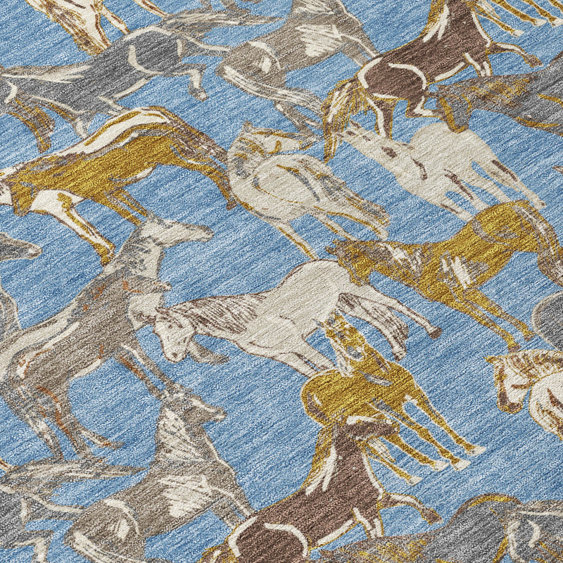 Detail view of textured horse print rug in blue with beige and gold threads