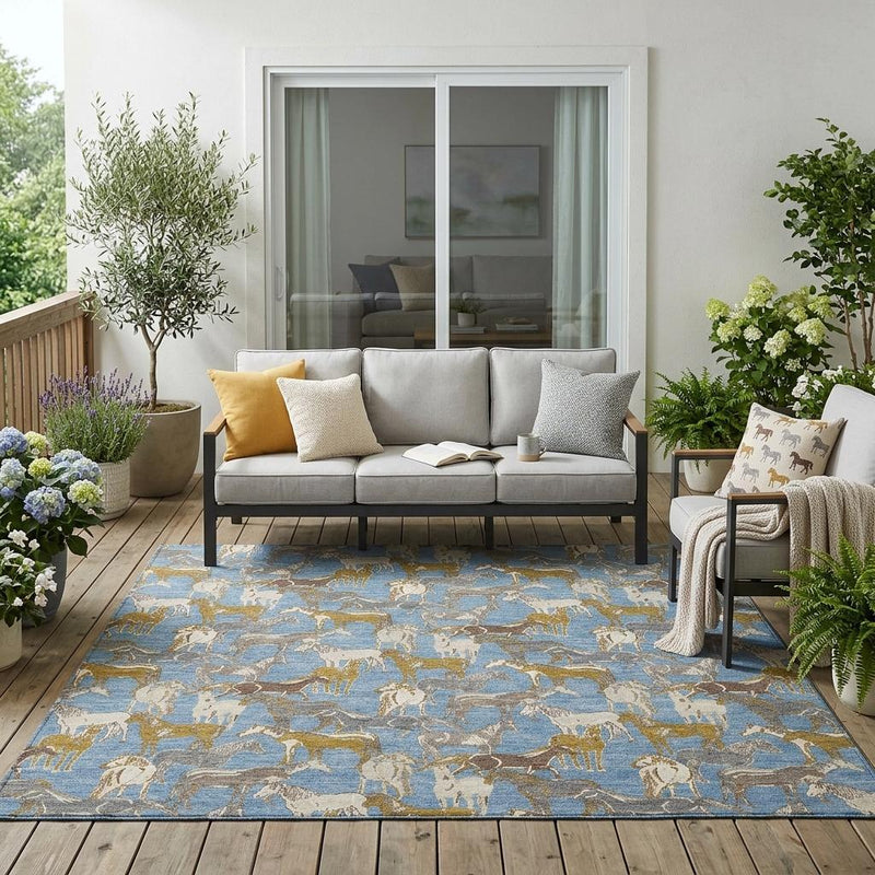 Outdoor-ready horse print rug, blue with beige and gold accents, rectangular