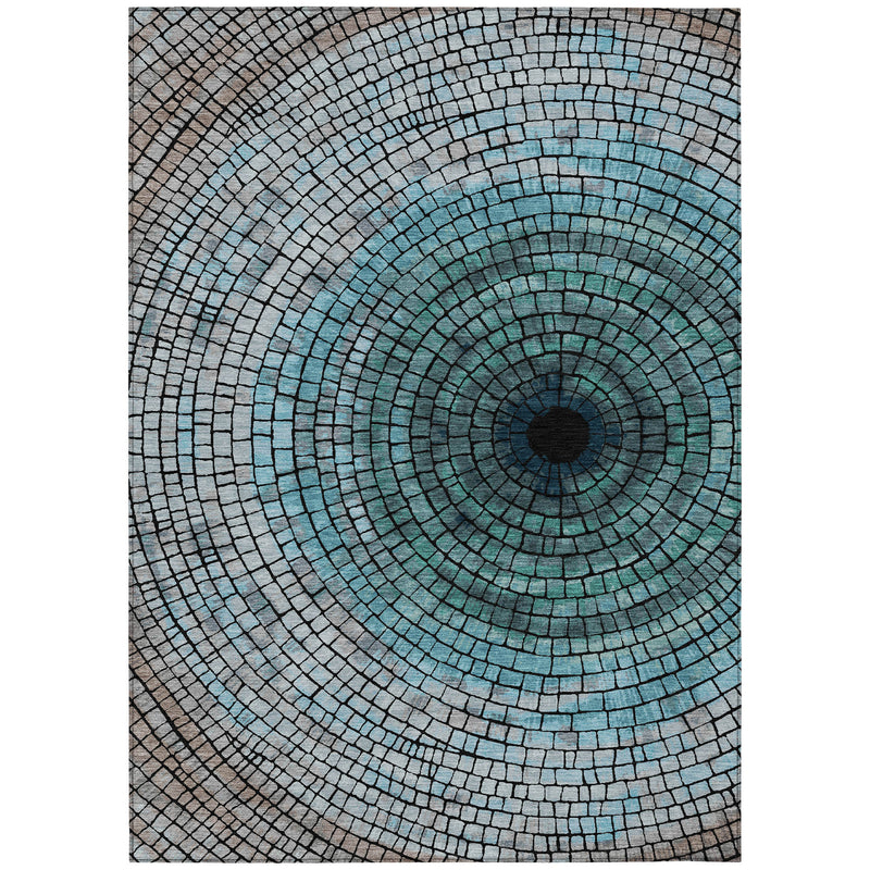Full view teal and gray spiral geometric mosaic area rug with dark center