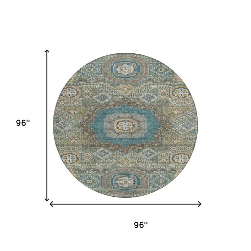 Round oriental area rug with teal blue and green medallion pattern, centered view.