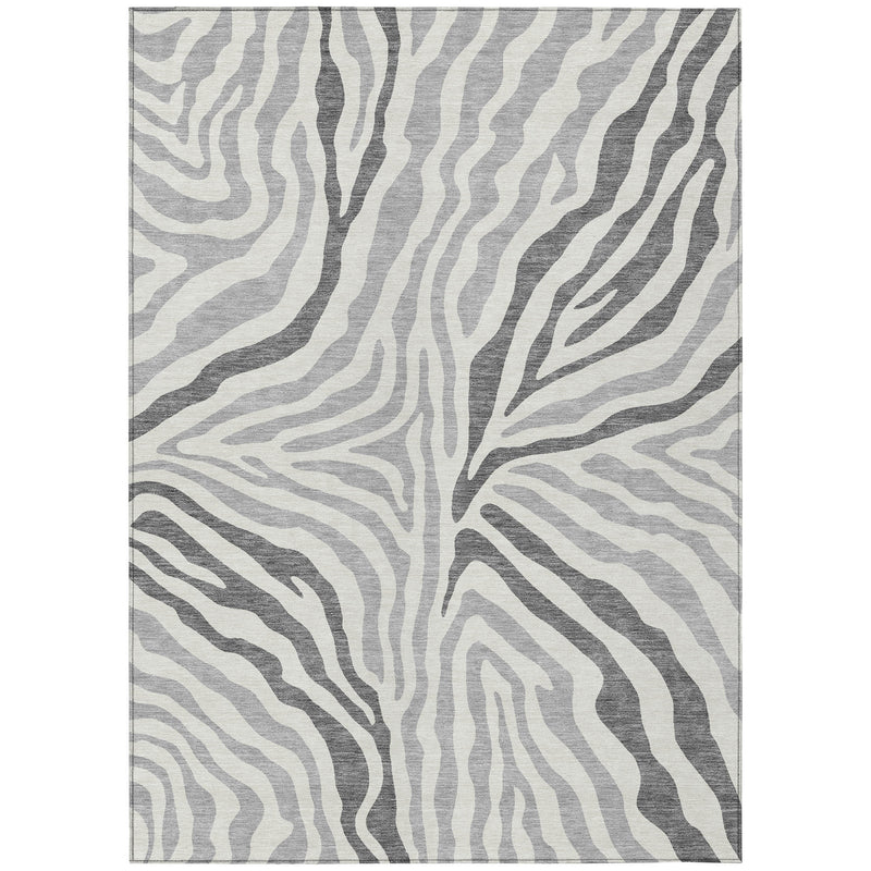 Gray and ivory zebra print area rug, full rectangular pattern view.