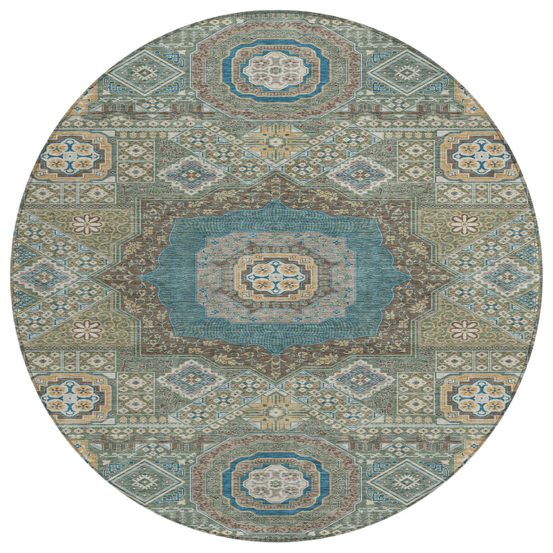 Round oriental area rug in teal blue and green with central medallion and motifs.