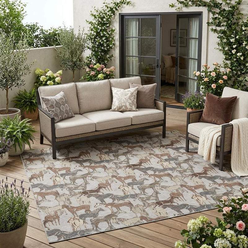 Horse-print area rug on outdoor deck with light base and brown/gray pattern