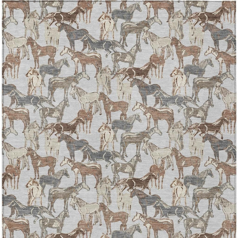 Rectangular horse-print rug with light background, brown and gray silhouettes and silver highlights
