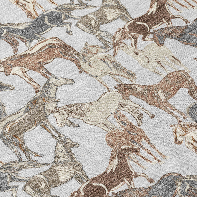 Horse-print rug close-up with gray, brown, and silver tones on a light background