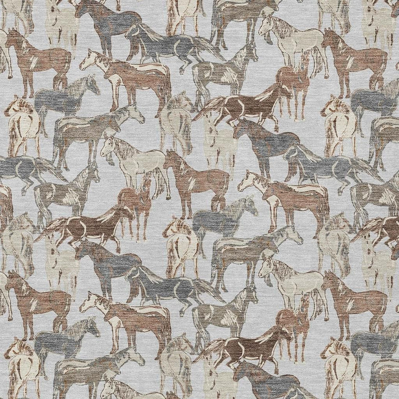 Horse-print rug texture close-up with intertwined gray and brown outlines on light fibers