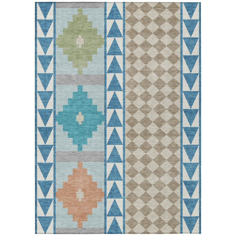 Teal and ivory southwestern area rug flat view with border panels and diamond shapes