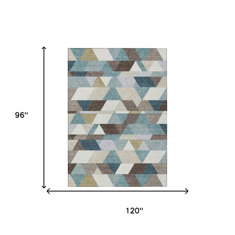 Teal blue and pale aqua geometric rug with brown and cream blocks; size dimensions shown