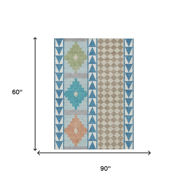 Teal blue and ivory area rug size diagram, 5 ft by 8 ft with geometric pattern