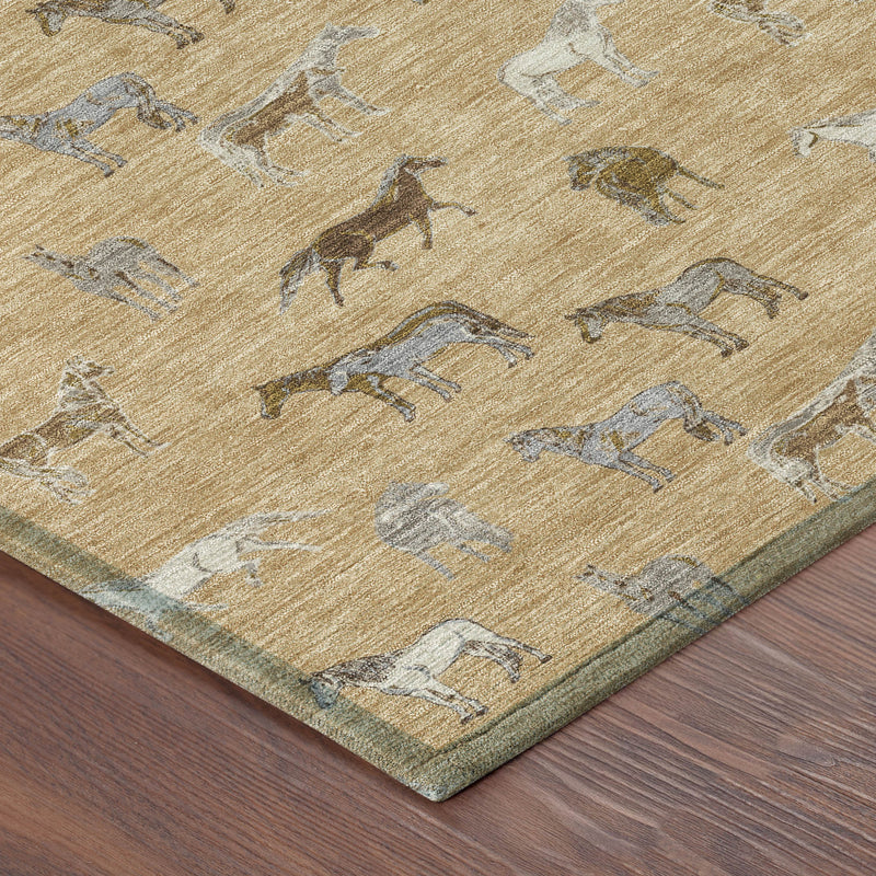 Corner detail of gold and beige horse-pattern area rug with woven texture and border trim.