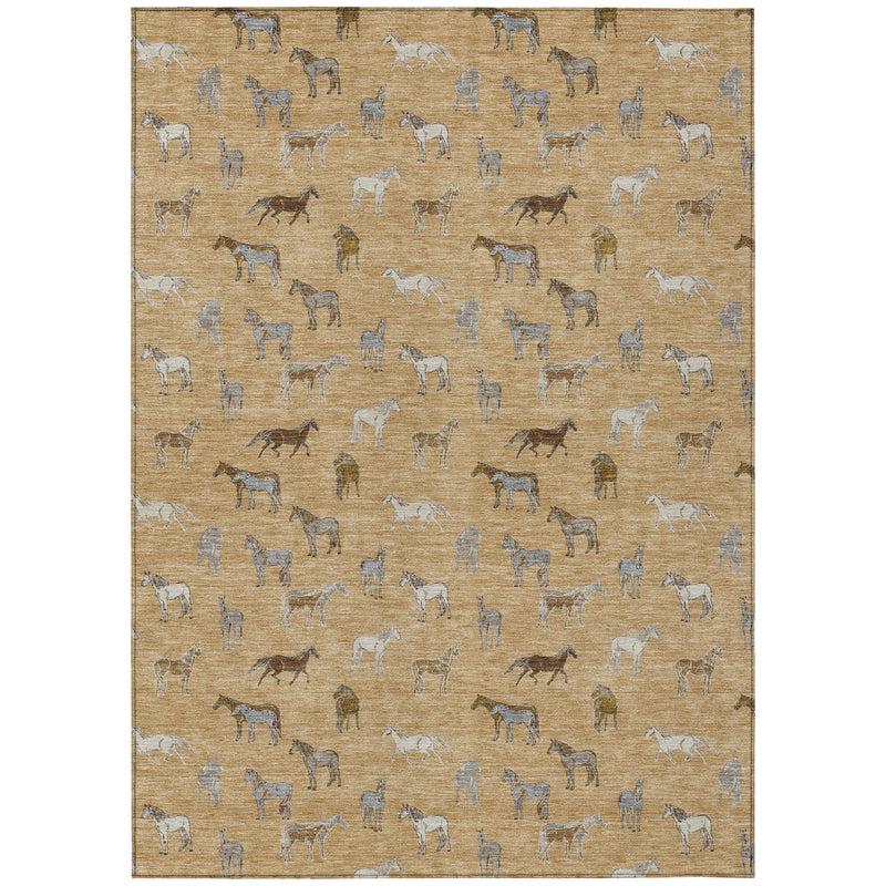 3 ft by 5 ft horse print area rug in gold and beige with repeating animal silhouettes.