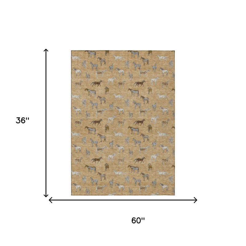 Gold and beige horse area rug shown with size arrows: 36 in by 60 in.