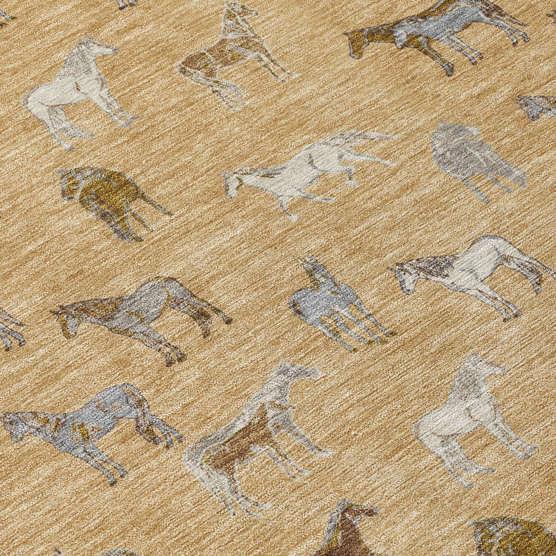Close-up horse print rug in gold and beige with textured woven look and contrasting animal outlines.