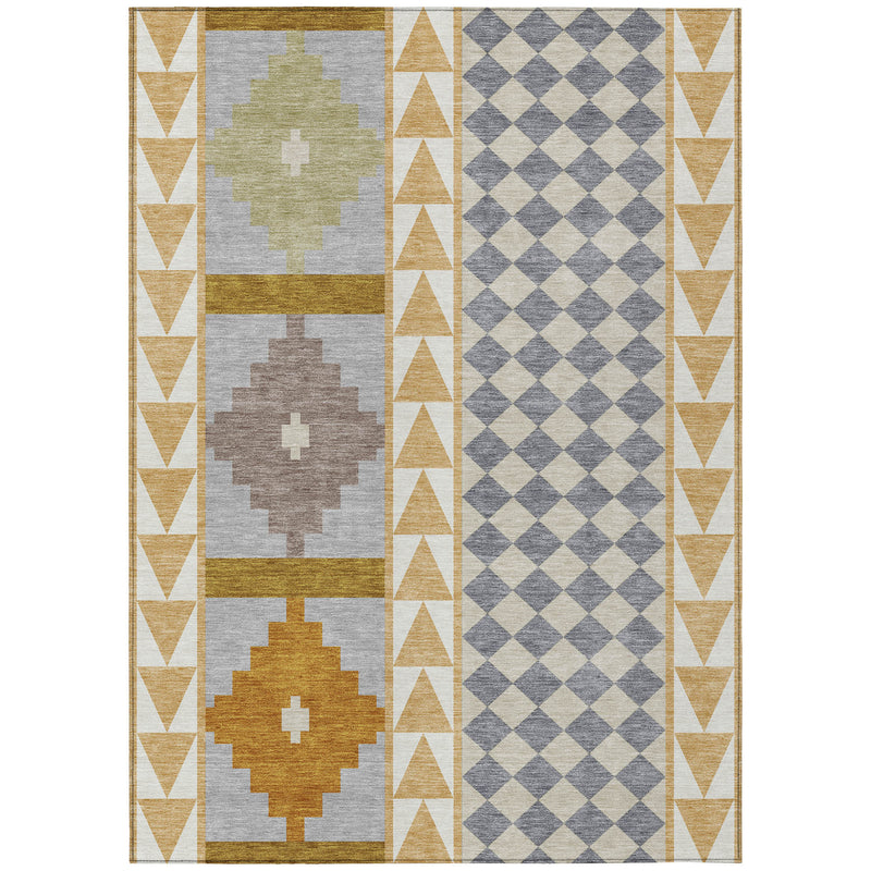 Rectangular washable area rug with striped border, chevrons, and diamond-pattern center