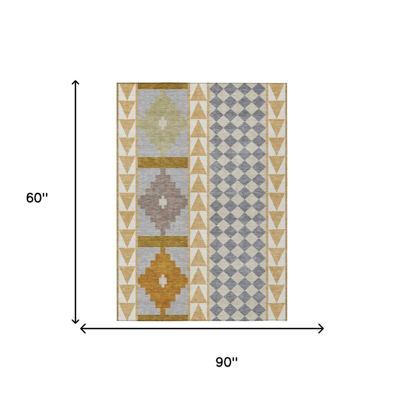 Rectangular area rug showing stacked southwestern motifs and a diamond check border