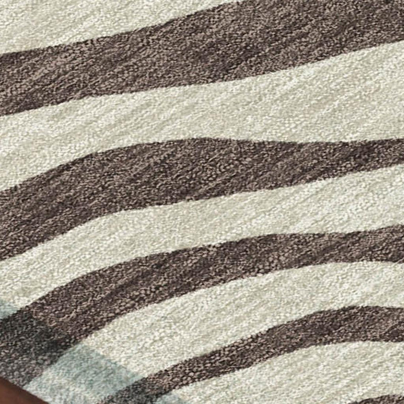 Close-up of zebra stripe area rug with dark brown, tan, and off-white bands