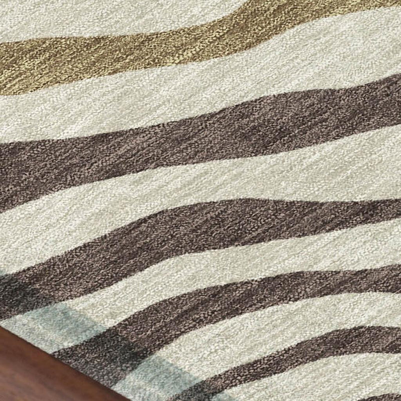 Close-up zebra stripe rug with brown and beige wavy bands on light ground