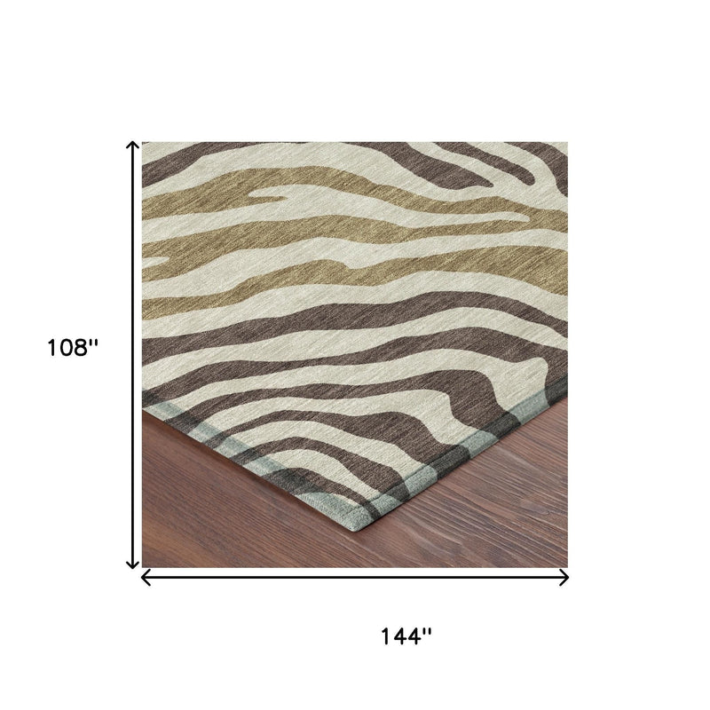 Brown and beige zebra stripe area rug, 108 x 144 inches